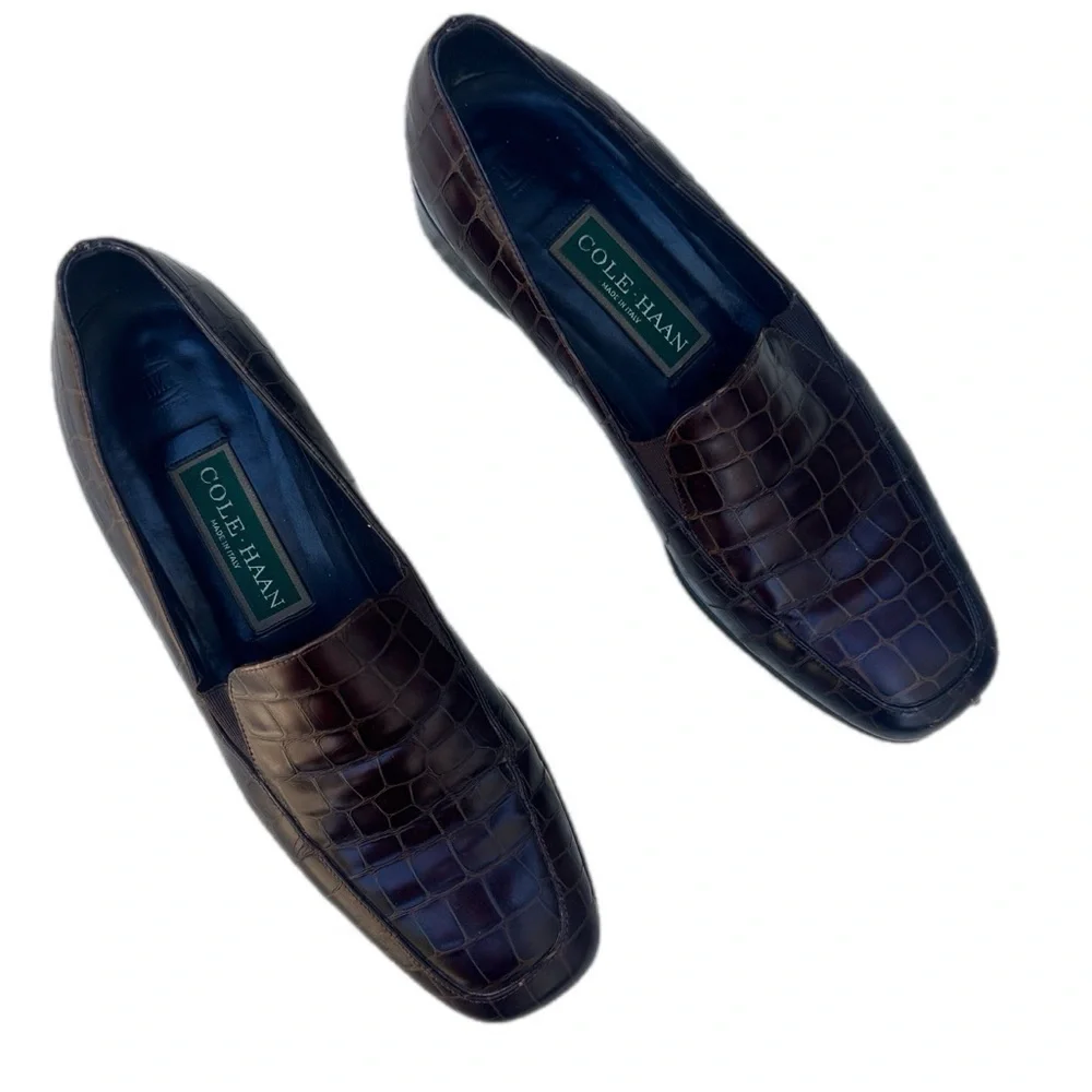 Vintage Cole Haan Croc-Embossed Leather Loafers – Brown Slip-On Dress Shoes, 7